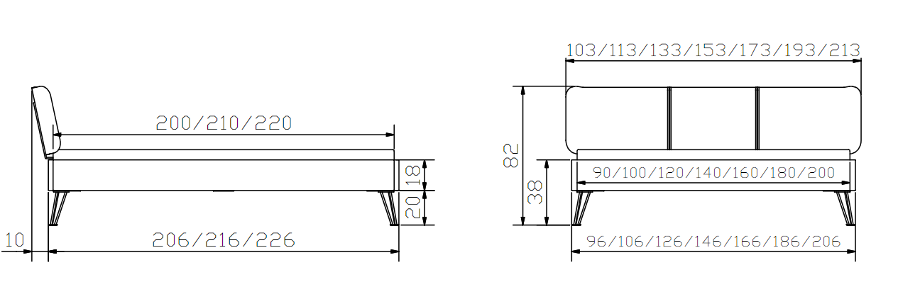Dimensions Cadre de lit Hasena Factory Line - Pieds Fasio et Tête de lit Boga