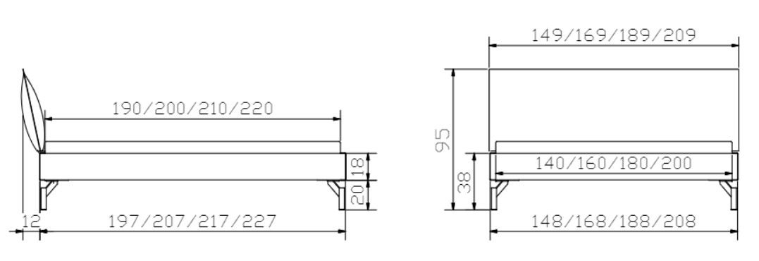 Dimensions Cadre de lit Hasena Top Line avec Pieds Tondo et Tête Cussina