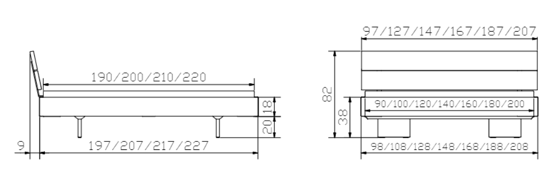 Dimensions Cadre de lit Hasena Top Line avec Pieds Vilo et Tête Nuetta