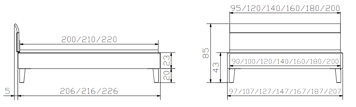 Dimensions Cadre de lit Hasena Wood Line - Pieds Juve et Tête de lit Vola