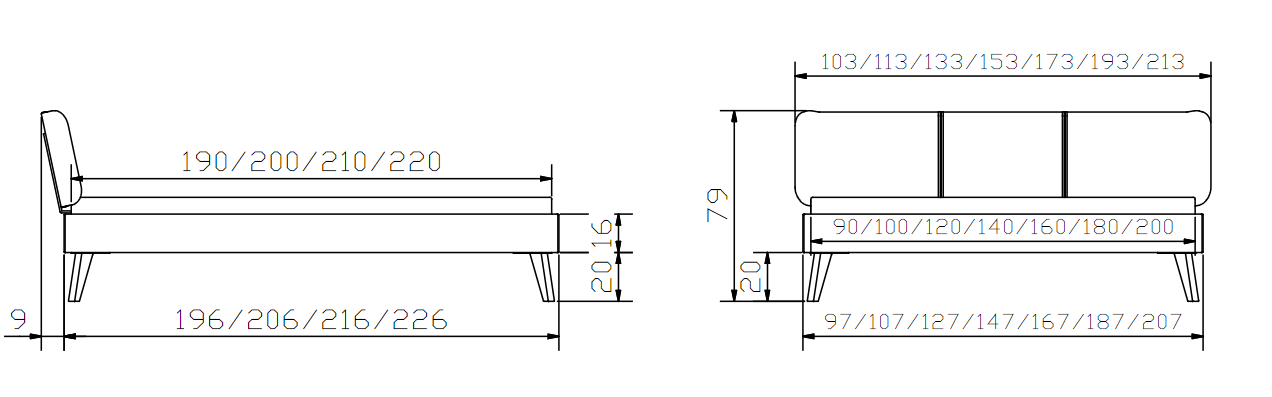 Dimensions Cadre de lit Hasena Wood Line - Pieds Masi et Tête de lit Boga