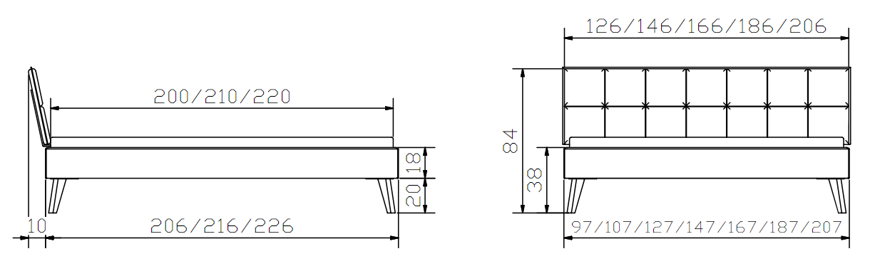 Dimensions Cadre de lit Hasena Wood Line - Pieds Masi et Tête de lit Malta